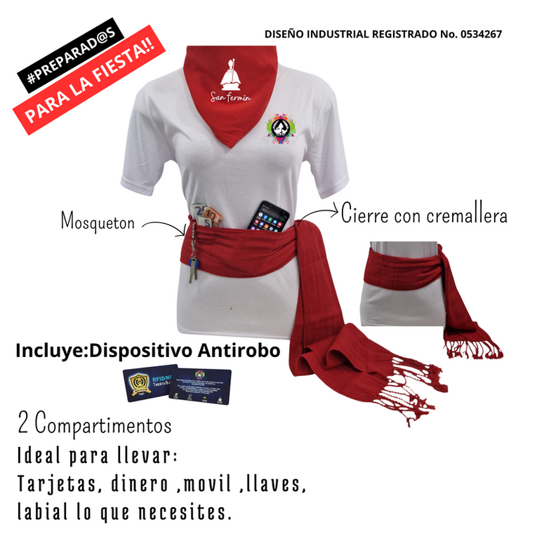 Faja San Fermín roja con bolsillos ocultos, cremallera y tarjeta RFID